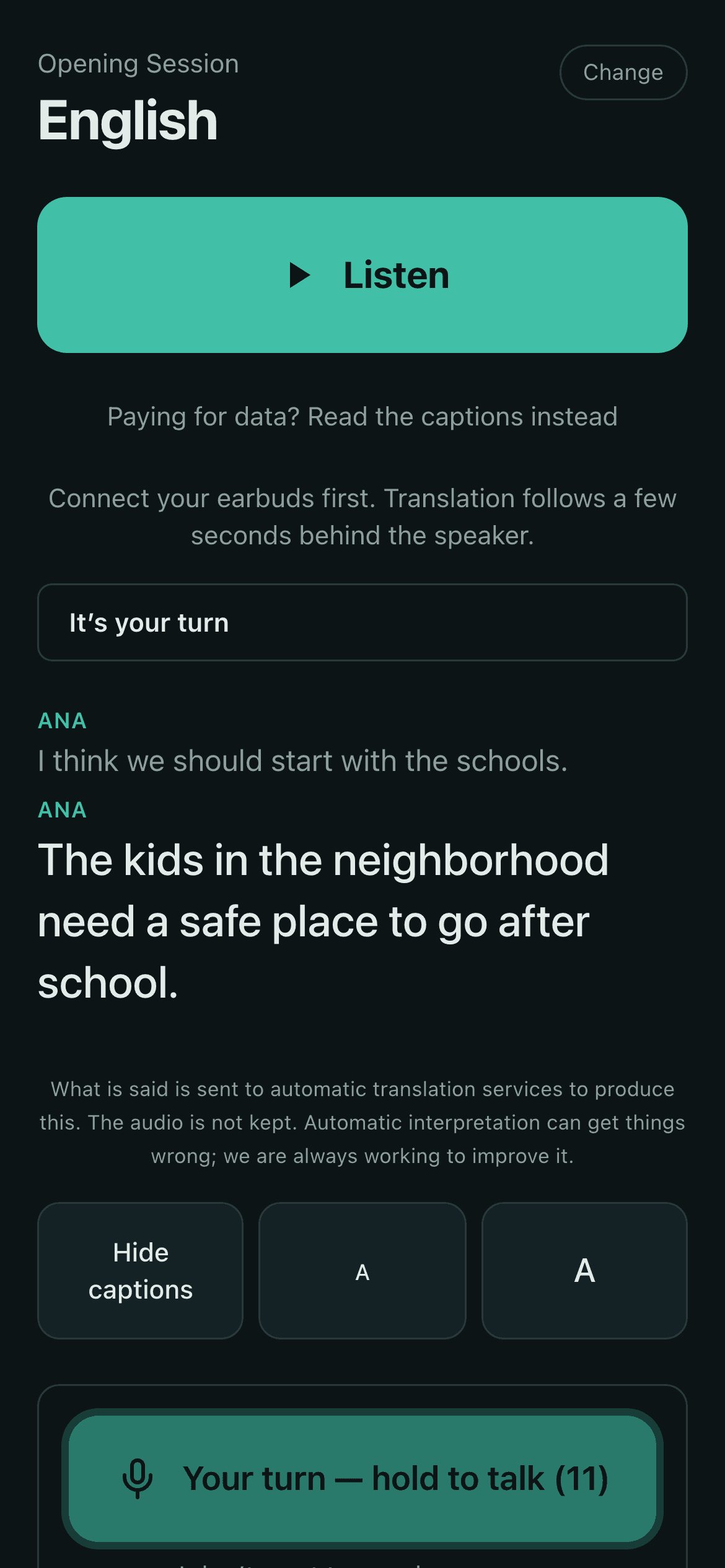 A listener reads a Portuguese speaker in English, with their own turn to speak next